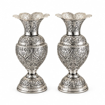 Traditiona German  Silver Vases (Pair) – Ornate Floral Engraving, Ideal for Wedding Gifting