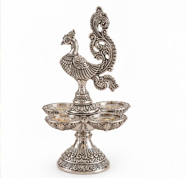 German Silver Finish Peacock Diya  Traditional  Aarti Lamp