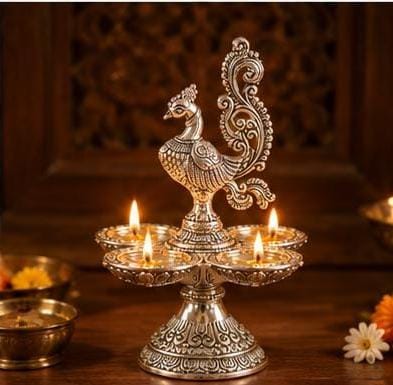 German Silver Finish Peacock Diya  Traditional  Aarti Lamp