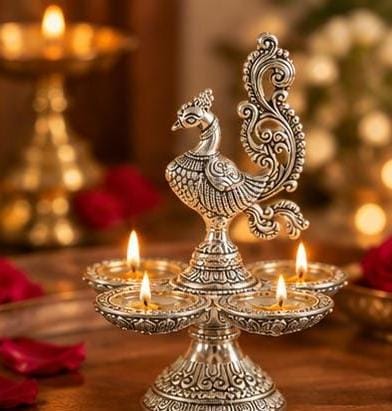 German Silver Finish Peacock Diya  Traditional  Aarti Lamp