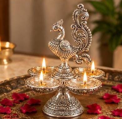 German Silver Finish Peacock Diya  Traditional  Aarti Lamp