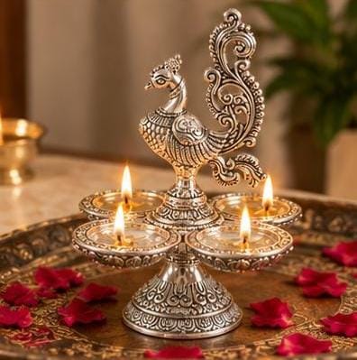 German Silver Finish Peacock Diya  Traditional  Aarti Lamp