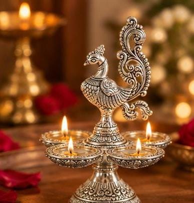 German Silver Finish Peacock Diya  Traditional  Aarti Lamp