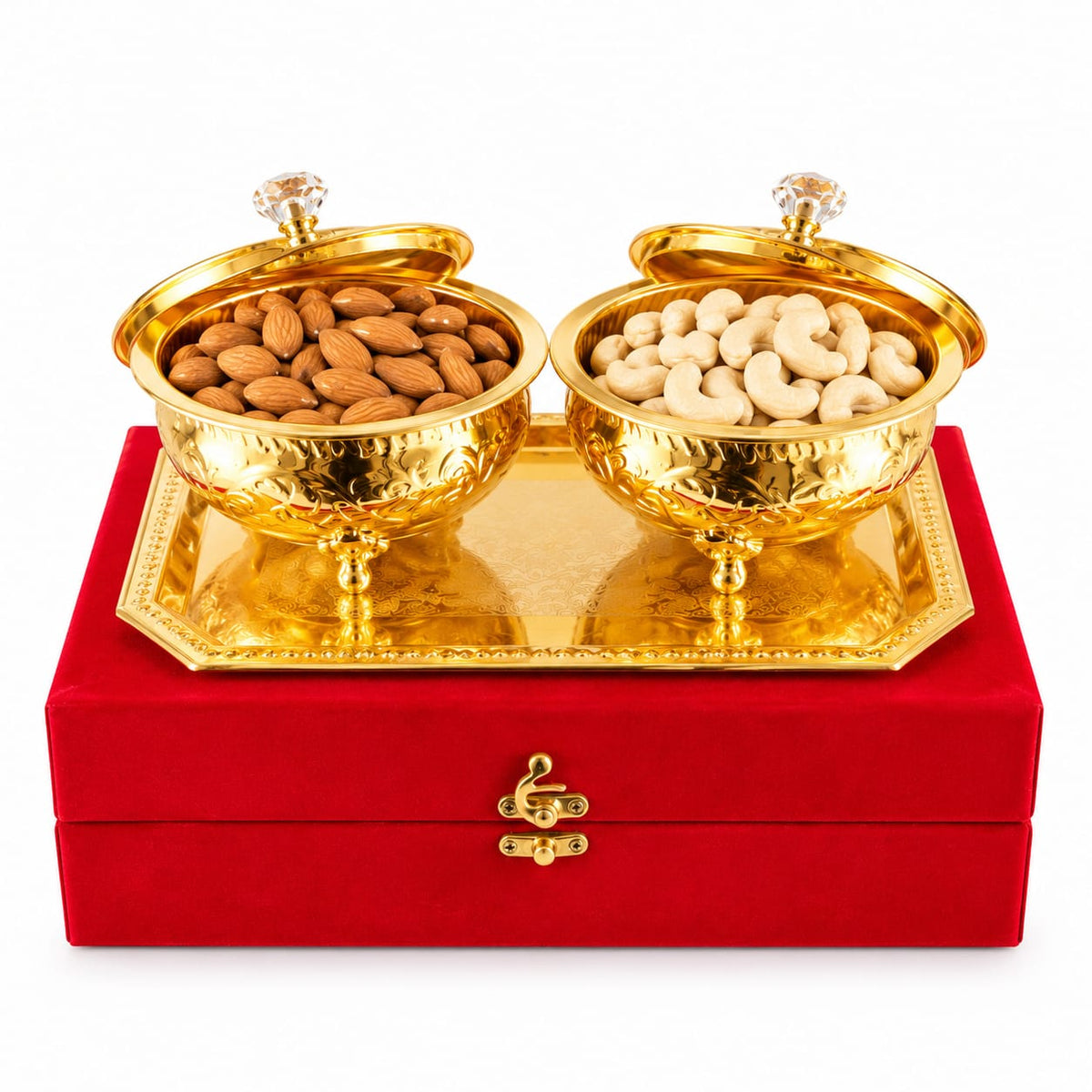 Embossed Metal bowl serving Bowl Set with Domed Lids & Rectangular Tray – Festive Dry Fruit Set of2