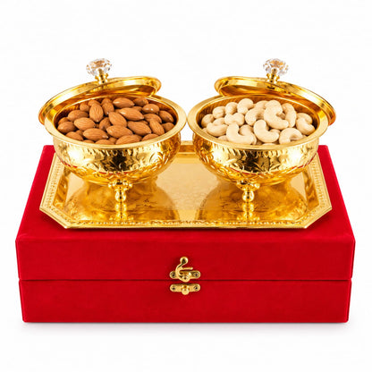 Embossed Metal bowl serving Bowl Set with Domed Lids & Rectangular Tray – Festive Dry Fruit Set of2