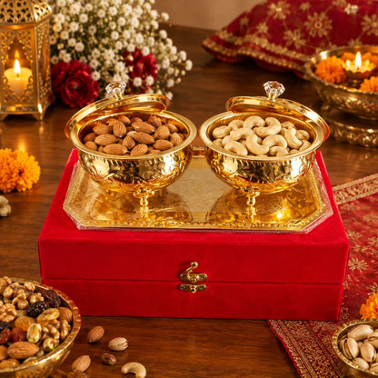 Embossed Metal bowl serving Bowl Set with Domed Lids & Rectangular Tray – Festive Dry Fruit Set of2