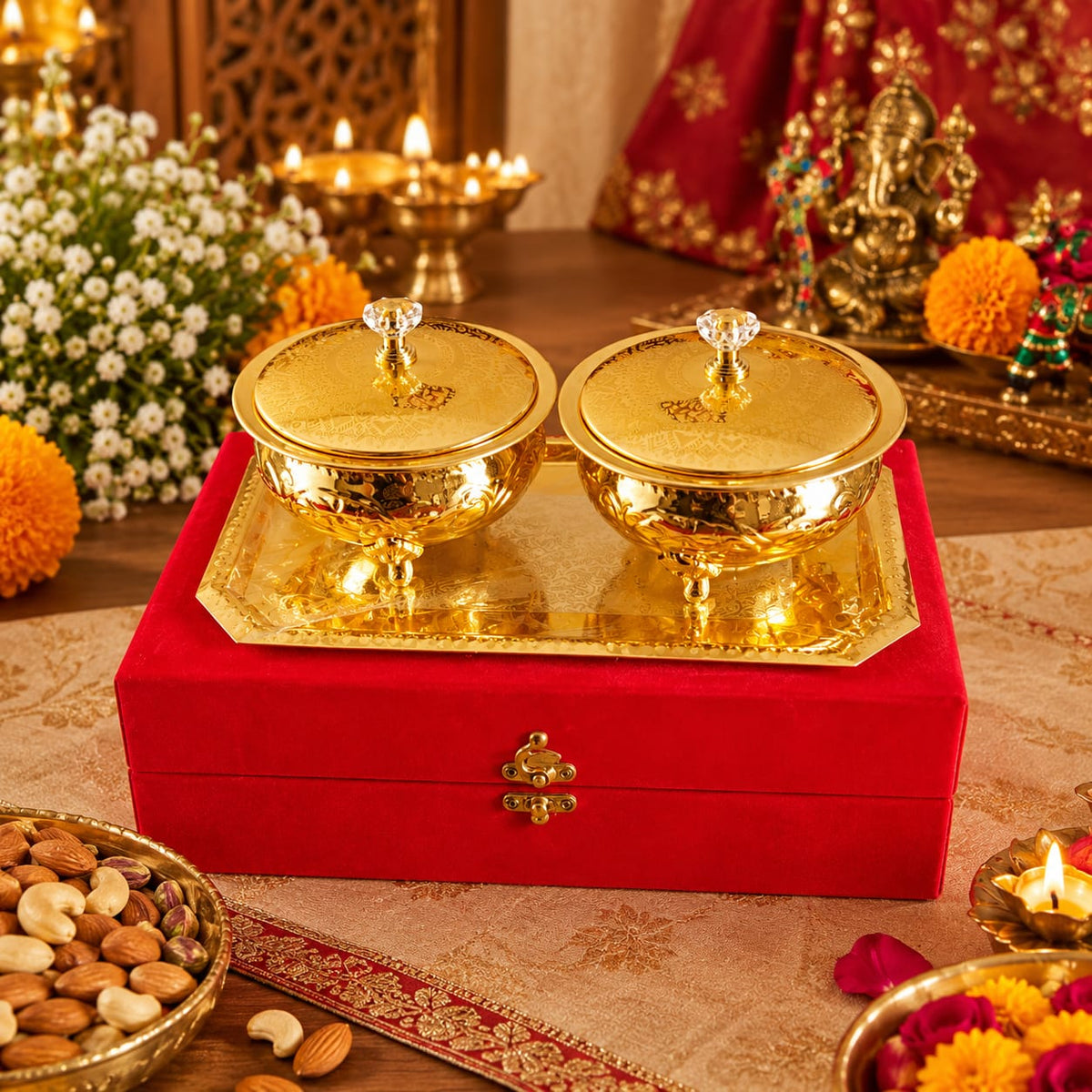 Embossed Metal bowl serving Bowl Set with Domed Lids & Rectangular Tray – Festive Dry Fruit Set of2