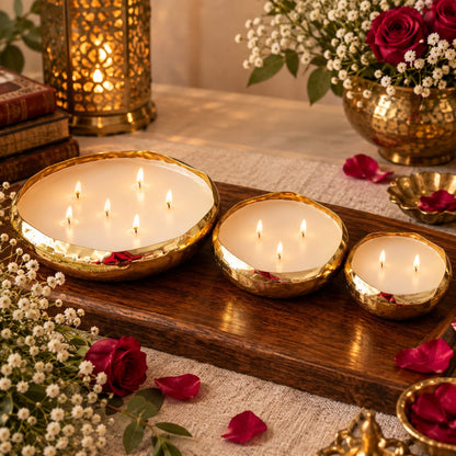Set of 3  Urli Candles | Multi-Wick Wax-Filled Diya Bowls for Pooja, Diwali & Gifting