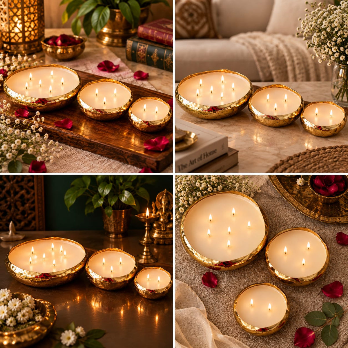 Set of 3  Urli Candles | Multi-Wick Wax-Filled Diya Bowls for Pooja, Diwali & Gifting