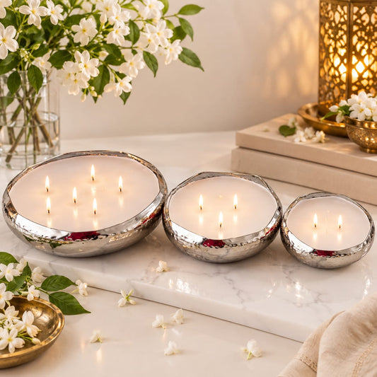 Set of 3  Urli Candles | Multi-Wick Wax-Filled Diya Bowls for Pooja, Diwali