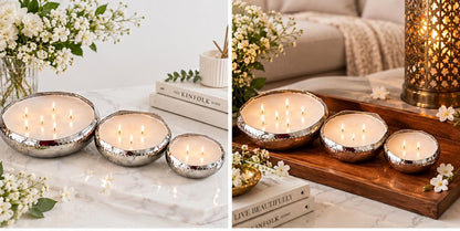 Set of 3  Urli Candles | Multi-Wick Wax-Filled Diya Bowls for Pooja, Diwali