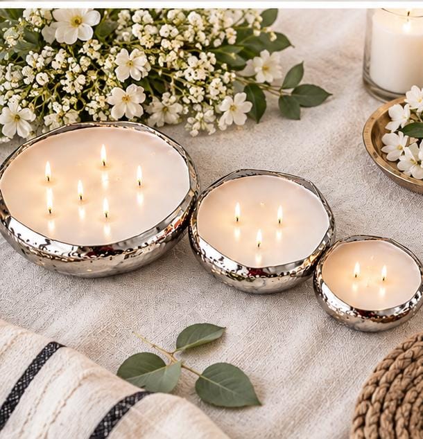 Set of 3  Urli Candles | Multi-Wick Wax-Filled Diya Bowls for Pooja, Diwali