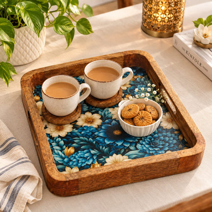 Handcrafted Wooden Serving Tray with Blue Floral Print | Square Mango Wood Tea Tray with Handles
