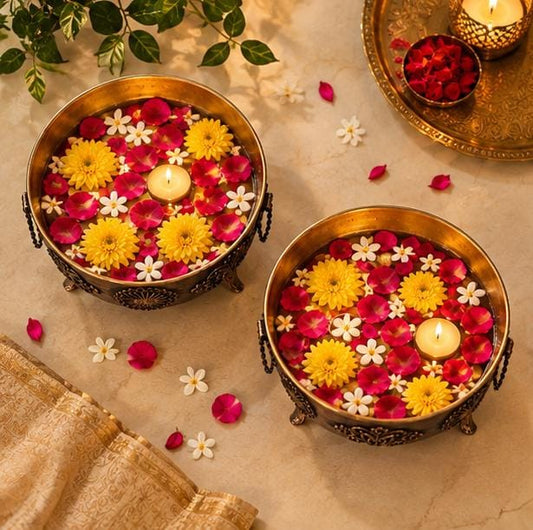 Antique Metal Urli Bowls for Floating Flowers & Candles – Set of2