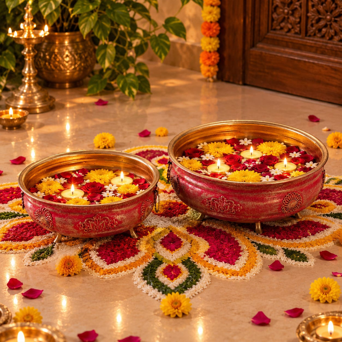 Urli Pink & Gold  Urli Bowl Set of 2 – Handcrafted Footed Decorative Bowl f