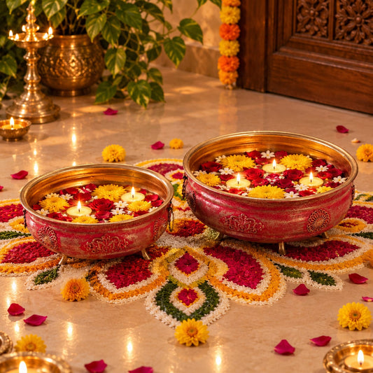 Urli Pink & Gold  Urli Bowl Set of 2 – Handcrafted Footed Decorative Bowl f