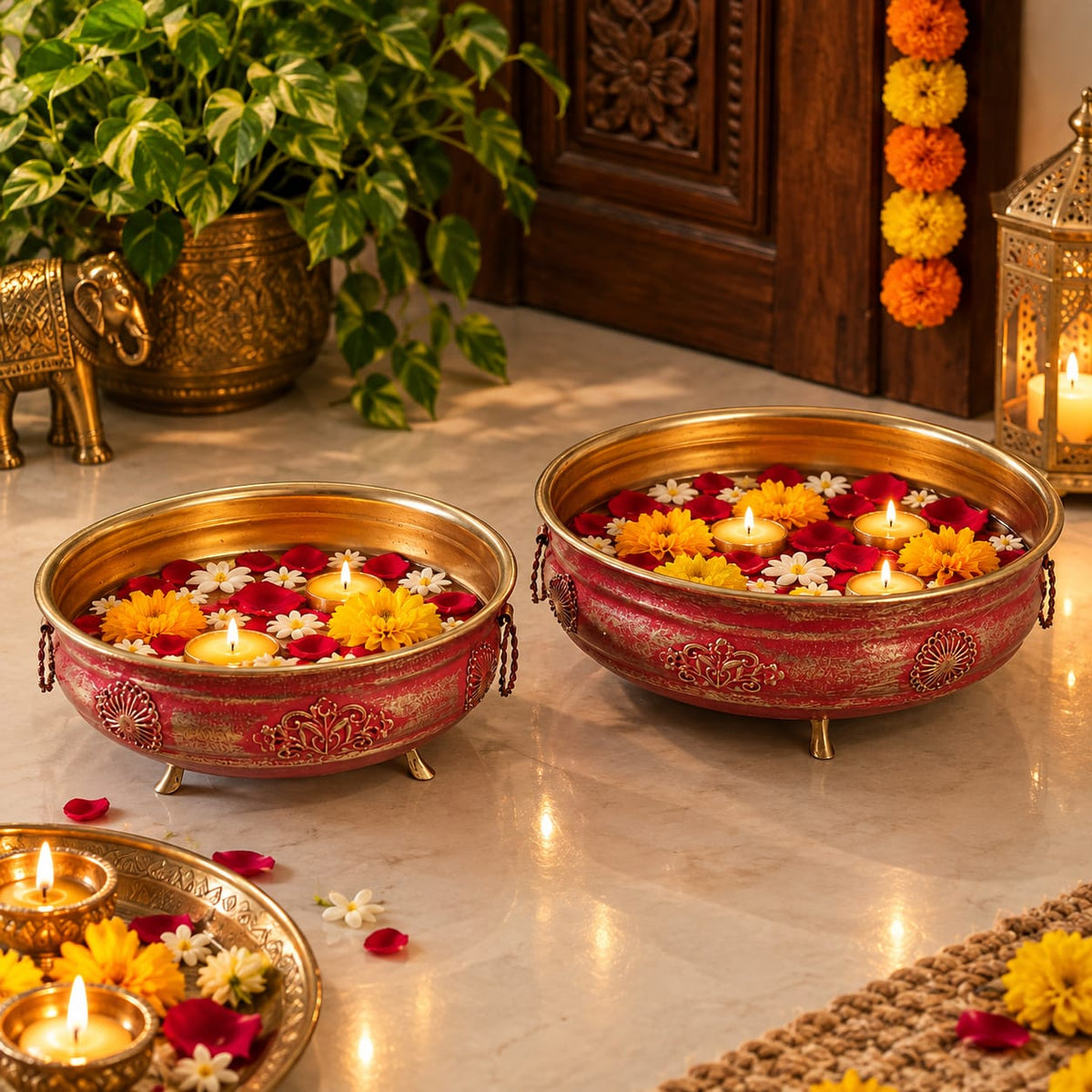 Urli Pink & Gold  Urli Bowl Set of 2 – Handcrafted Footed Decorative Bowl f