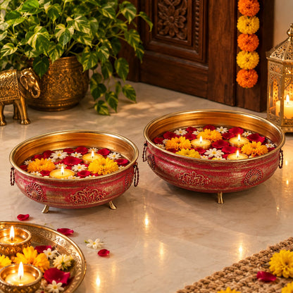 Urli Pink & Gold  Urli Bowl Set of 2 – Handcrafted Footed Decorative Bowl f