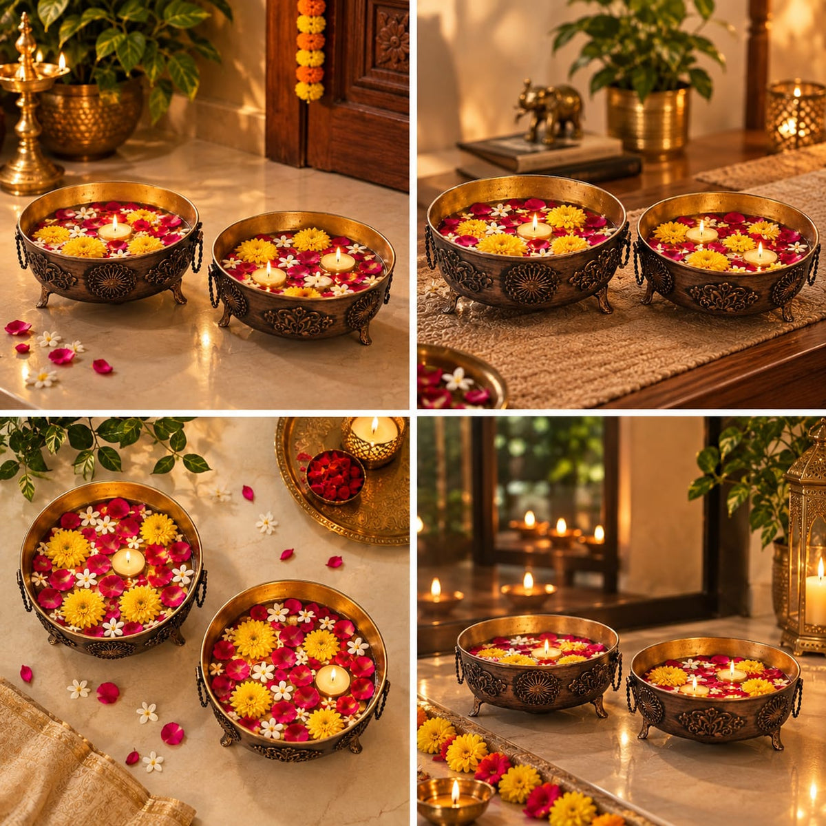 Antique Metal Urli Bowls for Floating Flowers & Candles – Set of2