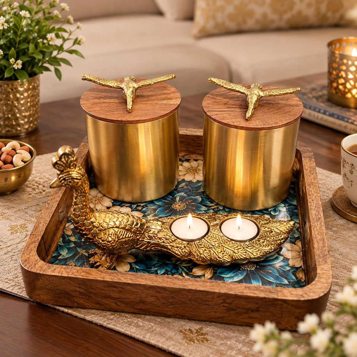 Mango Wooden Tray with Brass Peacock Tealight Candle Holder & 2 Storage Jars –