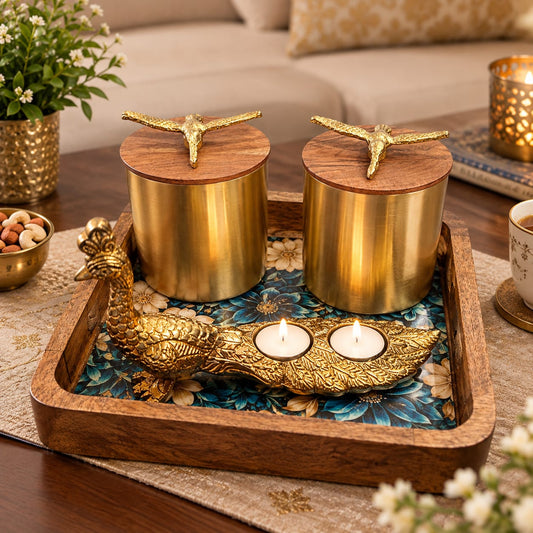 Mango Wooden Tray with Brass Peacock Tealight Candle Holder & 2 Storage Jars –