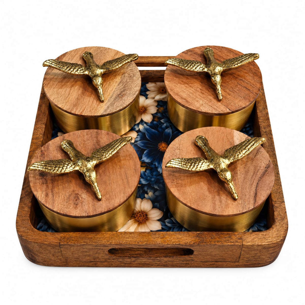 Handcrafted Mango Wood Tray with 4 Condiment Jars & wooden Bird lid