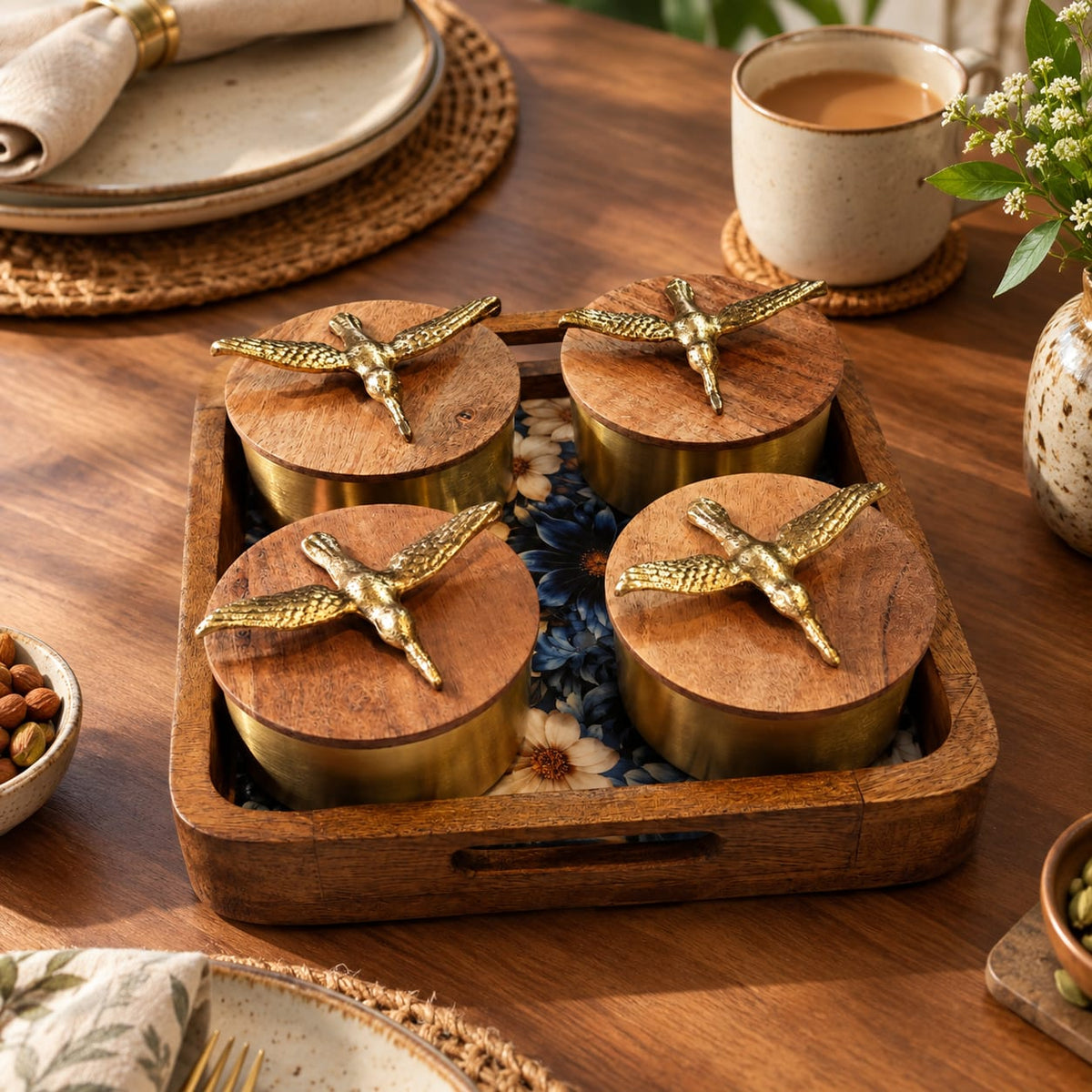 Handcrafted Mango Wood Tray with 4 Condiment Jars & wooden Bird lid