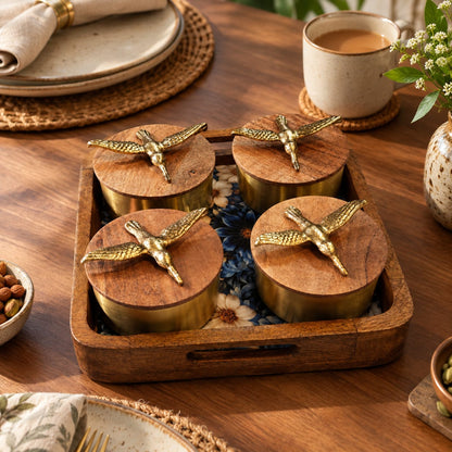 Handcrafted Mango Wood Tray with 4 Condiment Jars & wooden Bird lid