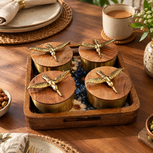 Handcrafted Mango Wood Tray with 4 Condiment Jars & Wooden Bird Lid