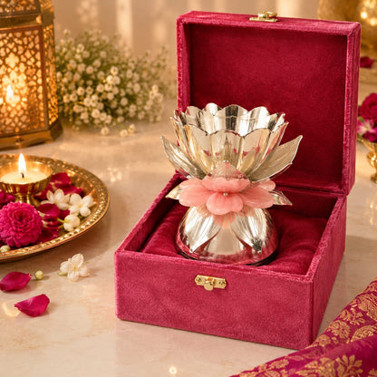 German Silver Lotus Flower diya with Pink Flower with resin stand