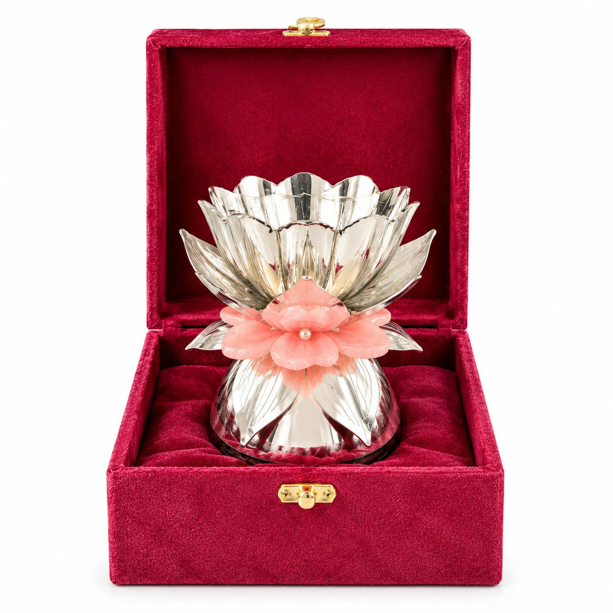 German Silver Lotus Flower diya with Pink Flower with resin stand
