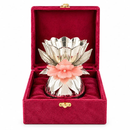 German Silver Lotus Flower diya with Pink Flower with resin stand