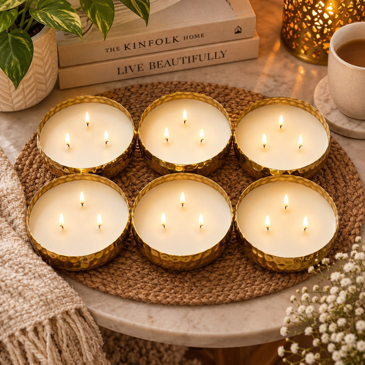 3-Wick Candles Set of 6 – Hammered Gold Metallic Tin, Home Fragrance Decor