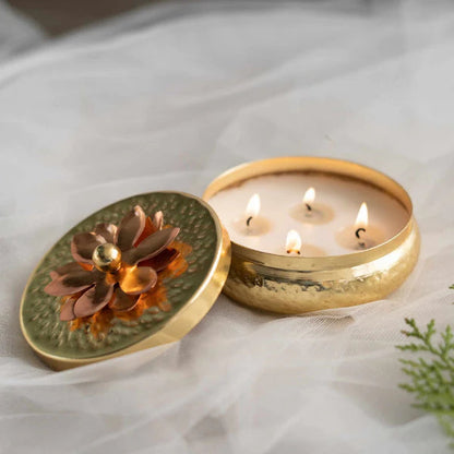 Scented Candles Set of 6 with Floral Lids – Gold Hammered Tins, Festive Gift Set