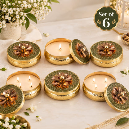 Scented Candles Set of 6 with Floral Lids – Gold Hammered Tins, Festive Gift Set