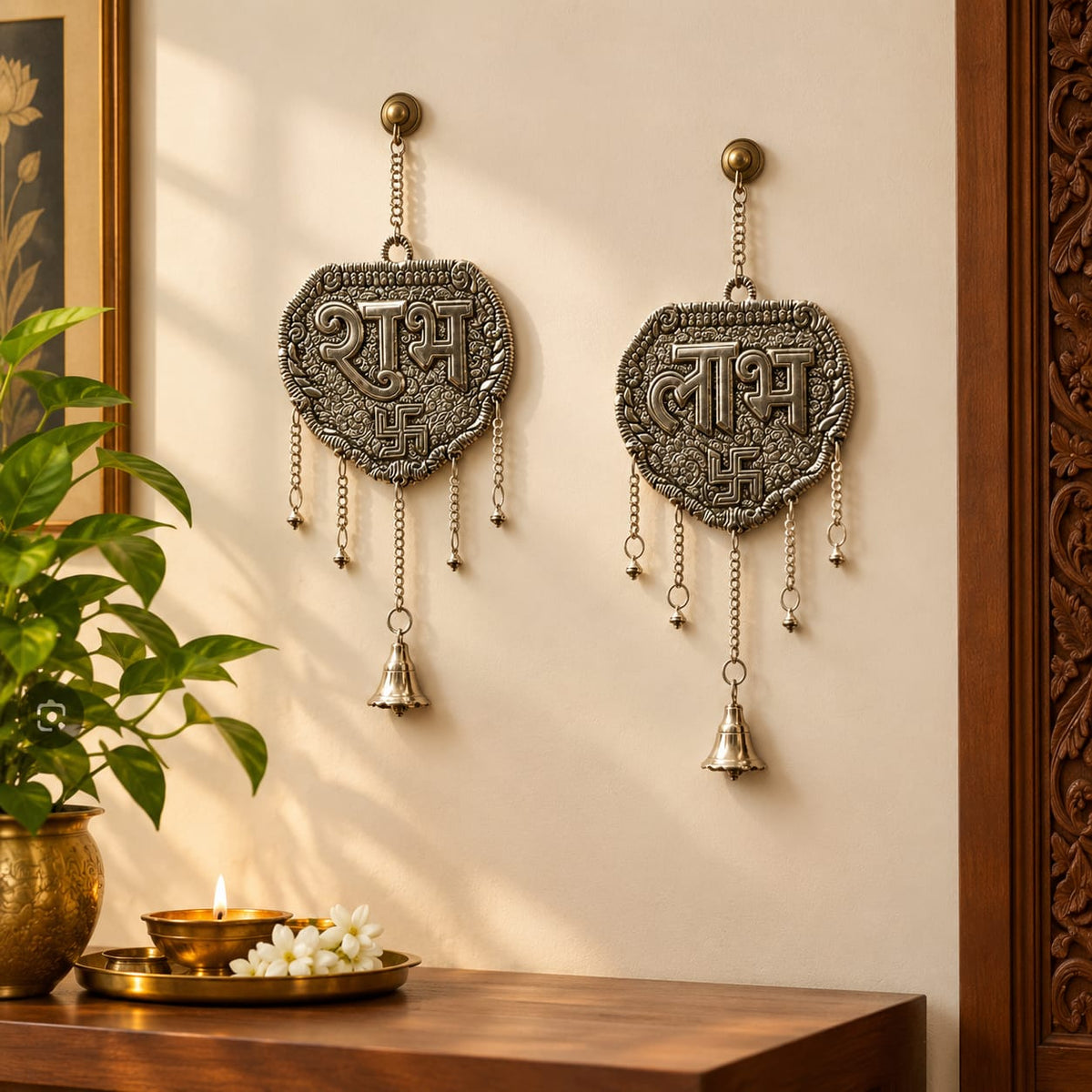 German  Silver  Shubh Labh Door Hanging Set of 2 with Bells | Diwali Decor