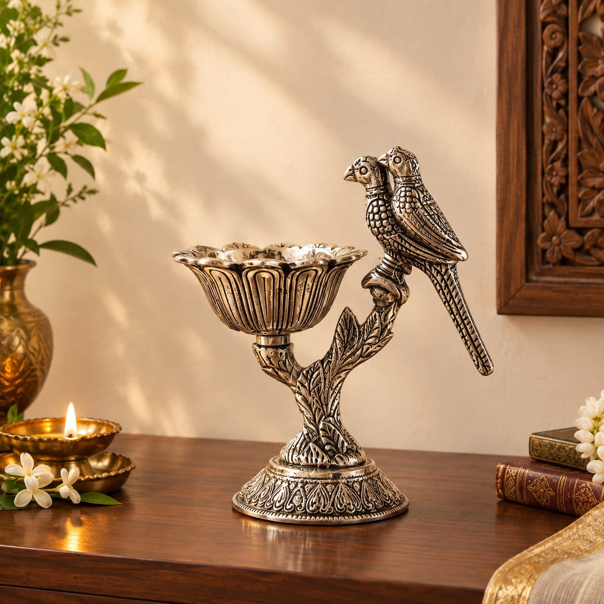 Antique German Silver Parrot Lotus bowl in velvet box