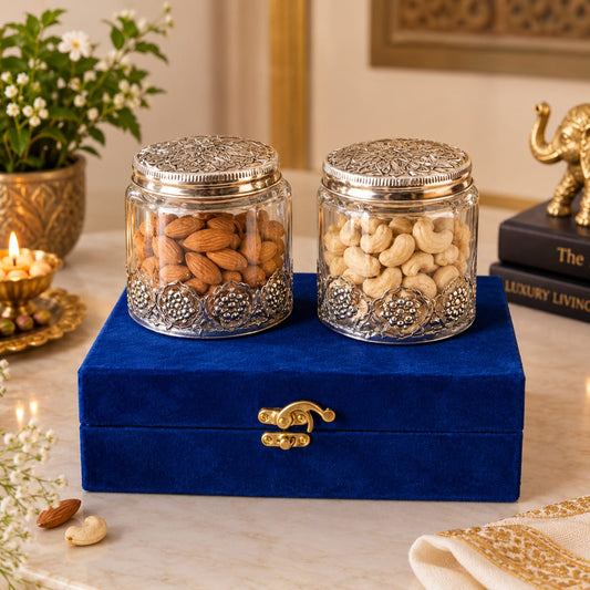 German Silver Dry Fruit Jar Gift Set with Velvet Box | Diwali Gift