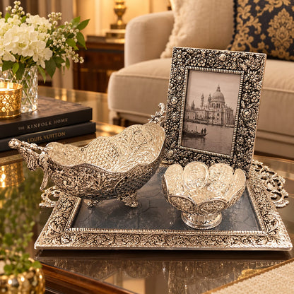 Royal Antique German Silver Coffee Table Decor Set – Tray, Fruit Bowl, Petal Bowl & Photo Frame