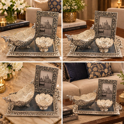 Royal Antique German Silver Coffee Table Decor Set – Tray, Fruit Bowl, Petal Bowl & Photo Frame
