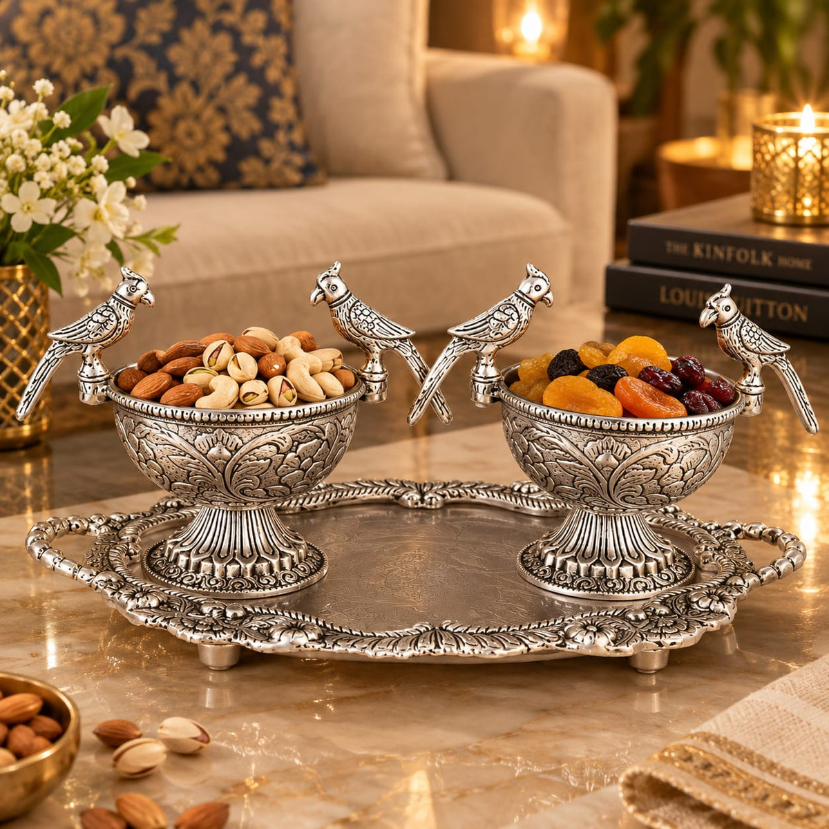German silve Silver Parrot Bowl Set with Tray | Handcrafted Decor