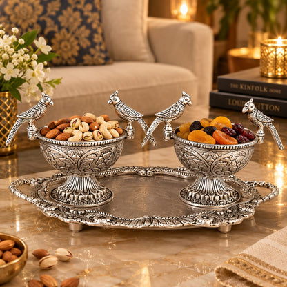 German silve Silver Parrot Bowl Set with Tray | Handcrafted Decor
