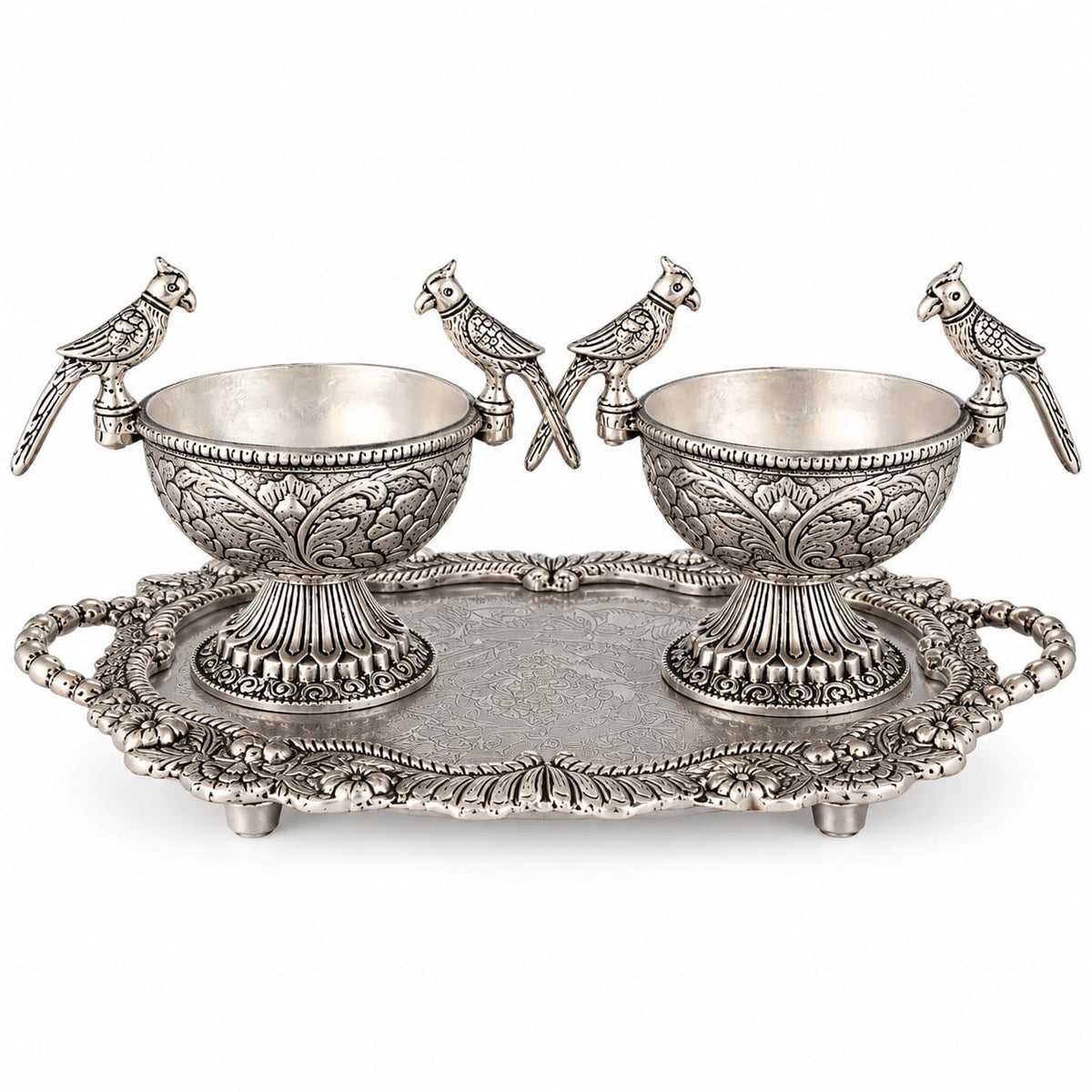 German silve Silver Parrot Bowl Set with Tray | Handcrafted Decor