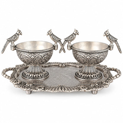 German silve Silver Parrot Bowl Set with Tray | Handcrafted Decor
