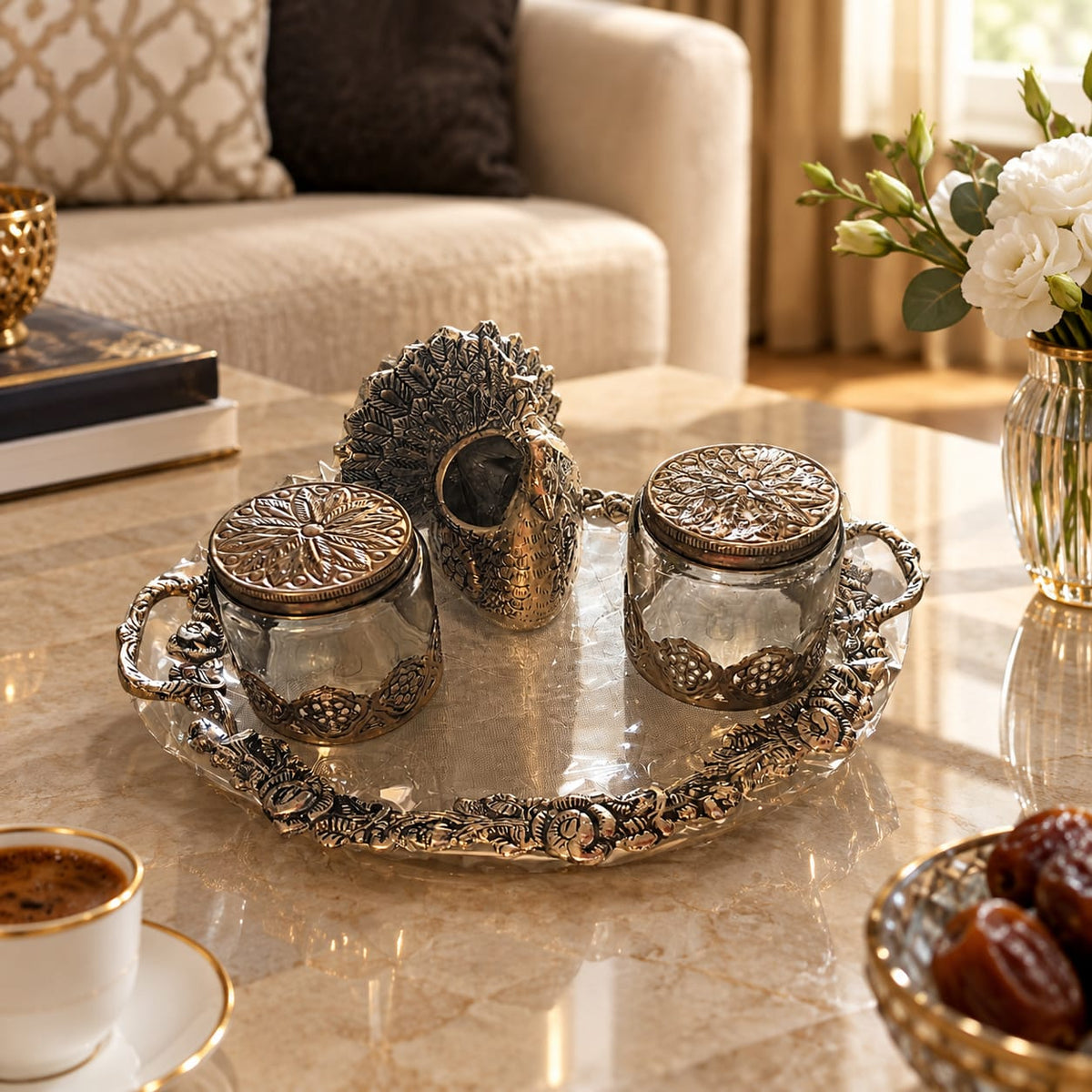 German silver Dry Fruit Storage Jars with Peacock lamp  Tray Hamper