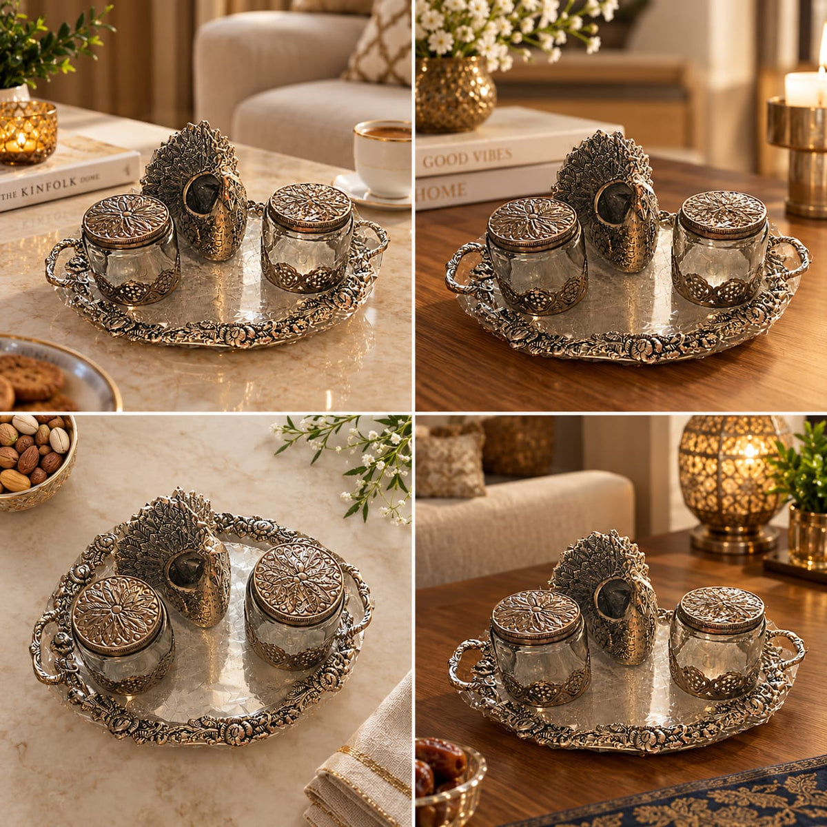 German silver Dry Fruit Storage Jars with Peacock lamp  Tray Hamper