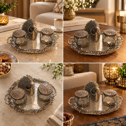 German silver Dry Fruit Storage Jars with Peacock lamp  Tray Hamper