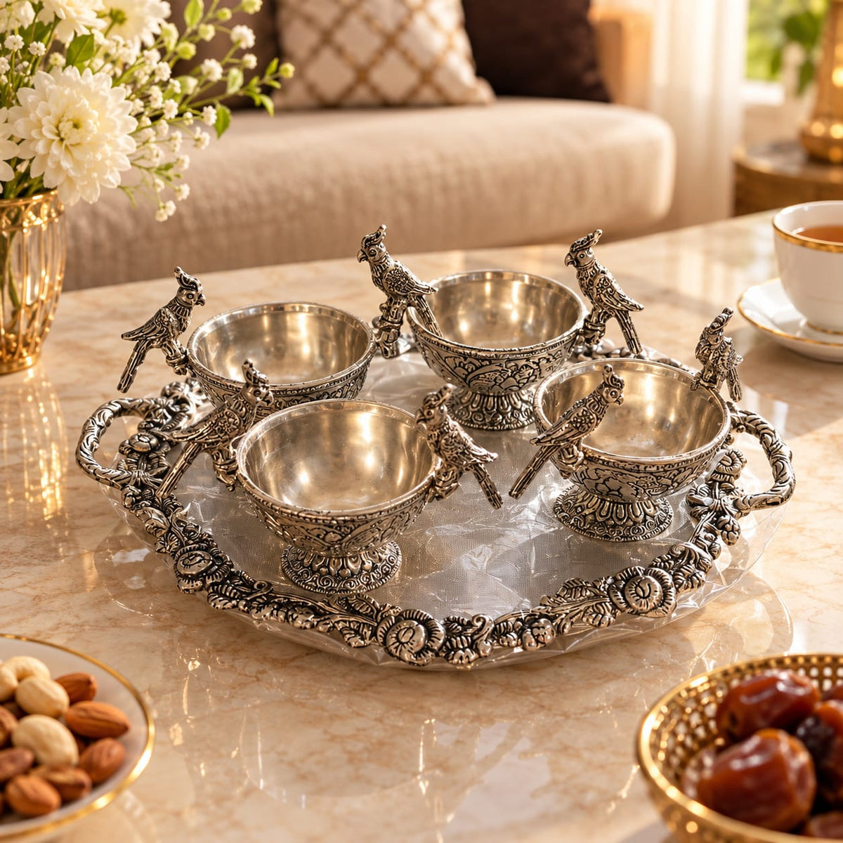 German Silver Parrot Bowl Set with Tray  Handcrafted Decor