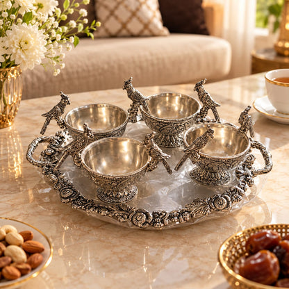 German Silver Parrot Bowl Set with Tray  Handcrafted Decor