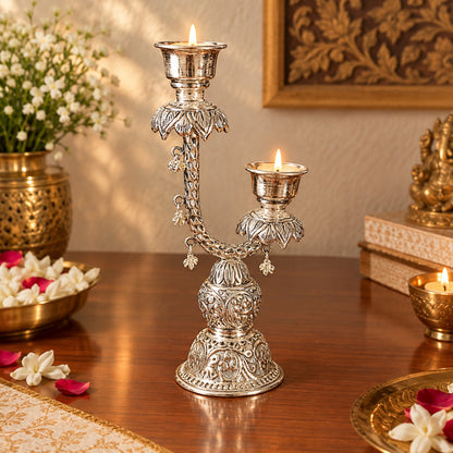 Handcrafted Antique German Silver Tealight Holder with Curved Arm and Engraved Base – Home Decor Showpiece